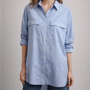Zara Oversized Blue Button Down Shirt XS Cotton Long Sleeve Pocket Top Casual